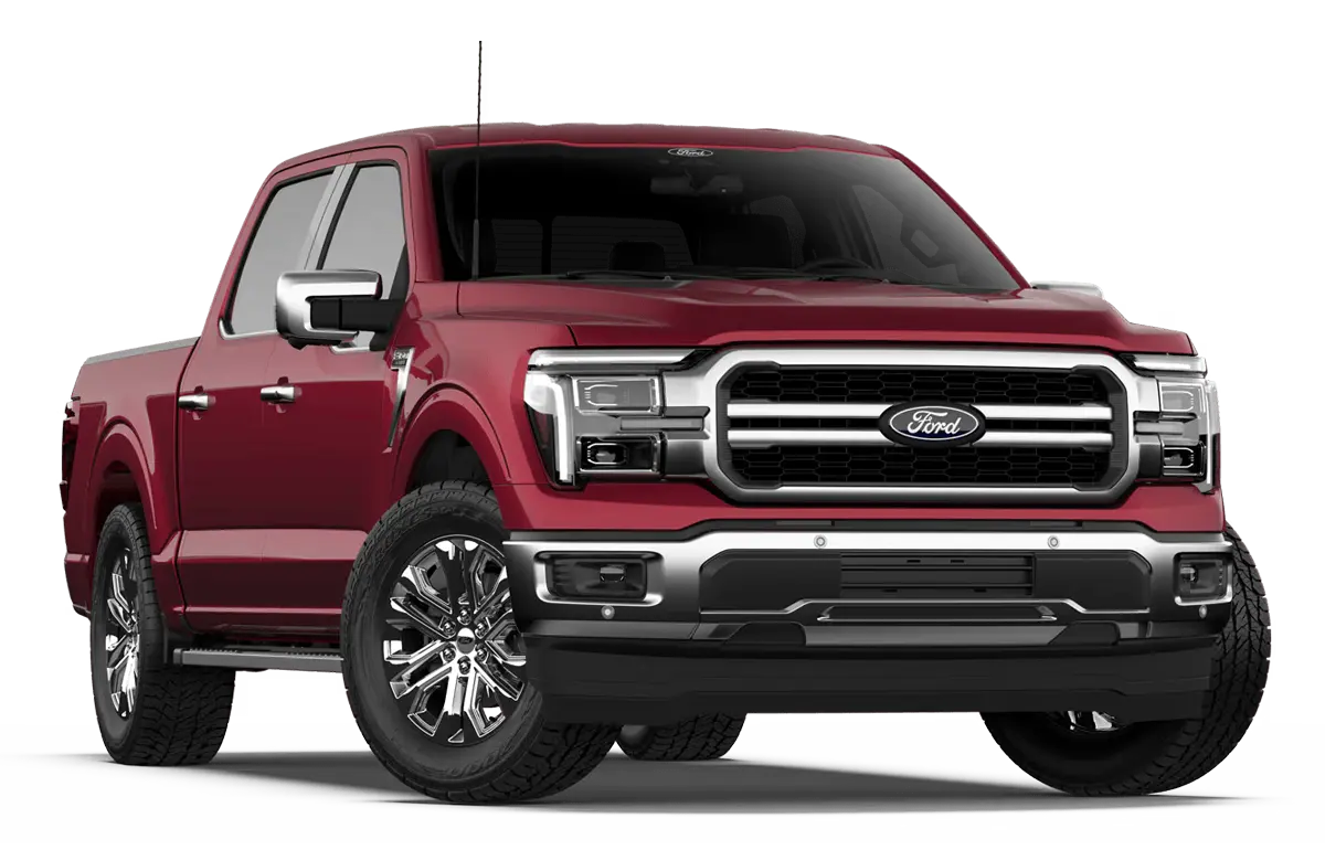 A slightly angled frontal view of a shiny, metallic red 2021 Ford F-150 pickup truck with chrome accents.