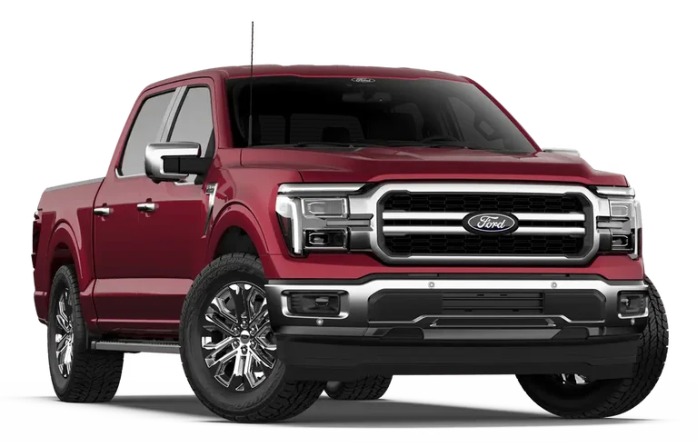 A slightly angled frontal view of a shiny, metallic red 2021 Ford F-150 pickup truck with chrome accents.